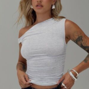 Princess Polly Light Gray One-Shoulder Ruched Top
